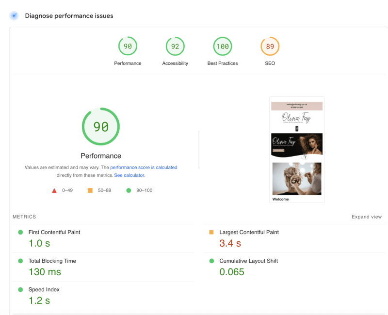 Olivia Fay Page Speed Insights