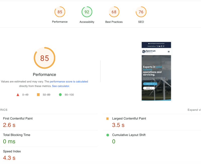 Spectrum Wind Services Page Speed Insights